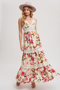Floral Print Lace Contrast Maxi Dress