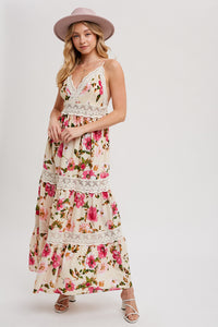 Floral Print Lace Contrast Maxi Dress