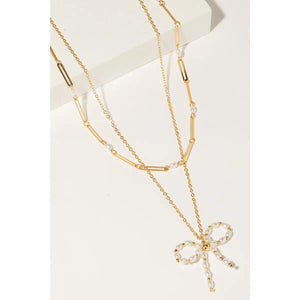 Pearl Beaded Ribbon Bow Pendant Layered Chain Necklace