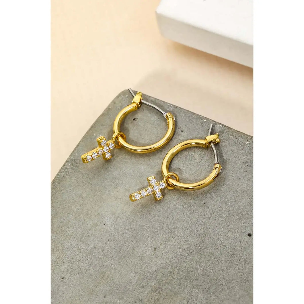 Pave Cross Hoop Huggie Earrings